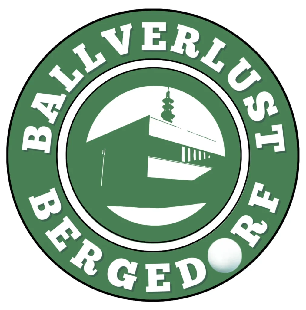 Das Vereinslogo von Ballverlust Bergedorf: Schulgebäude im Kreis, darum der Schriftzug, im O von Bergedorf ein Ball
