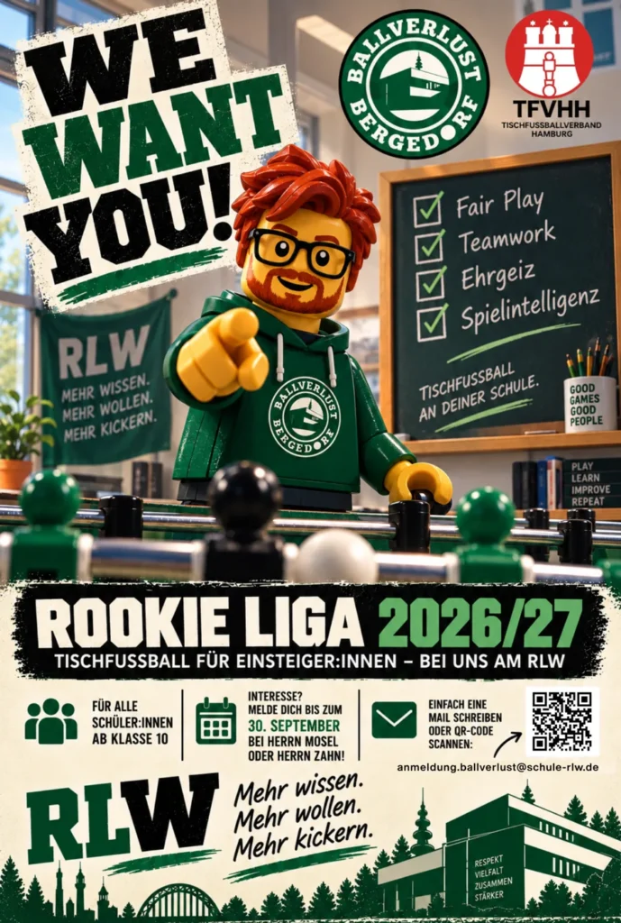 Plakat „We want you!“ für die Rookie-Liga 2026/27: Tischfußball für Einsteiger:innen am RLW, für Schüler:innen ab Klasse 10